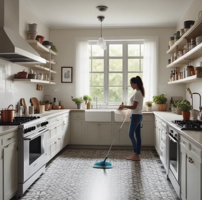 A woman in a dark uniform with a white apron and hair ribbon is cleaning the handle of a door. The setting appears to be the entrance to an old building with stone walls and a metal grate on the ground. A brass-finished metal container is positioned near the entrance.