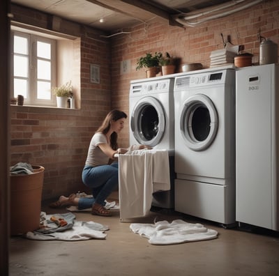 A group of people inside a room engage in cleaning or maintenance activities. One person sweeps the floor with a broom while others stand and observe, smiling or gesturing. The room has wooden structures and a child rests on a bed nearby.