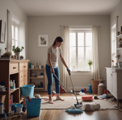A person wearing a hat and face covering is cleaning the windshield of a red Honda car parked in front of a building with an orange tiled roof and cream-colored doors.
