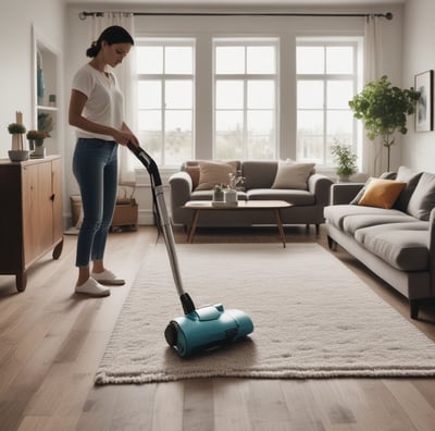A supermarket aisle filled with various cleaning products, organized neatly on shelves. Promotional sale tags are visible on many items, indicating discounted prices. A promotional stand-up banner on the left features a smiling woman holding clean laundry, with a slogan in Hindi.