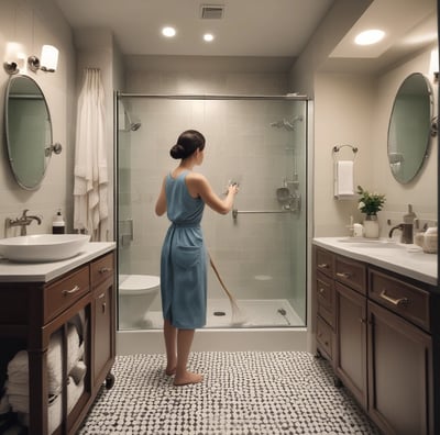 Three individuals are cleaning and arranging items in a room with large glass windows and cabinets filled with trophies and books. One person is sweeping, another is arranging items, and the third is handling a large bag.