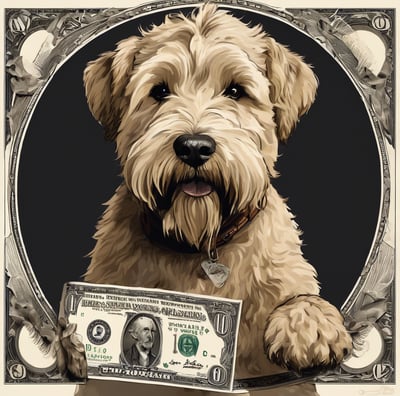 Wheaten terrier holding lots of dolars in hand