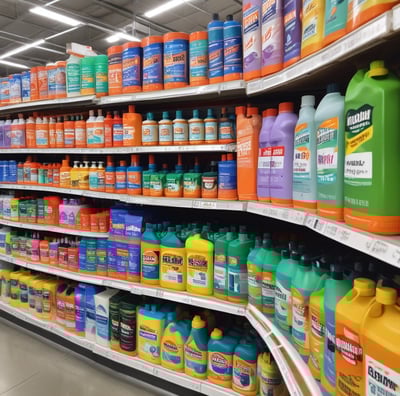 A supermarket aisle filled with various cleaning products, organized neatly on shelves. Promotional sale tags are visible on many items, indicating discounted prices. A promotional stand-up banner on the left features a smiling woman holding clean laundry, with a slogan in Hindi.