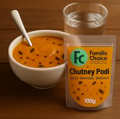Spicy and healthy chutney podi. Mix with water, ready to eat with idli and dosa