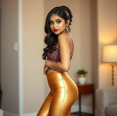 a woman in a gold dress and gold pants