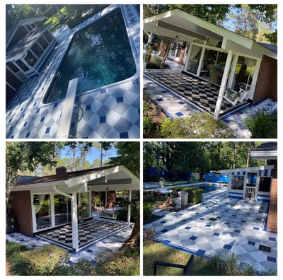 Outdoor patio and pool area remodeled with decorative floor painting and covered terrace by Garnet Painting & Remodeling GA i