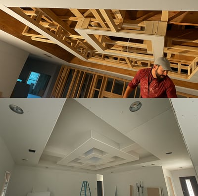 Ceiling remodeling process in Douglas GA by Garnet Painting — from wood framing to completed drywall ceiling design.