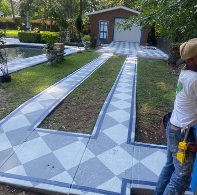 igh-quality exterior floor painting transformation with geometric design by Garnet Painting & Remodeling in Douglas, GA.