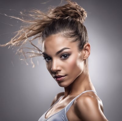 create an amazing headshot of a dancer wearing dance clothes. blur the studio in teh background 