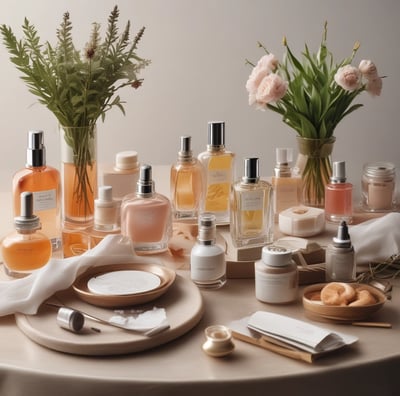 A collection of beauty and skincare products is arranged on a surface, including bottles of oils and serums, cosmetics like lipstick and blush, makeup brushes in a holder, and a lit black candle adding ambiance. The setup is accompanied by cotton swabs, emphasizing a self-care or beauty routine theme.