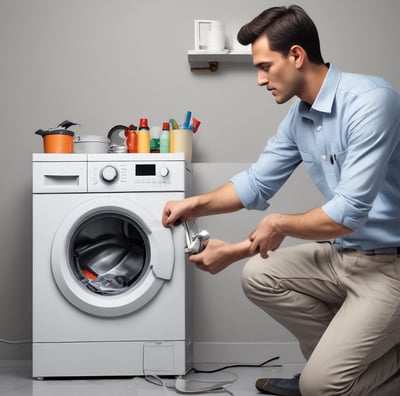 A close-up of a white washing machine, focusing on the top area with a dial and the inner tub visible. Sunlight casts soft stripes across the surface, creating a serene atmosphere.