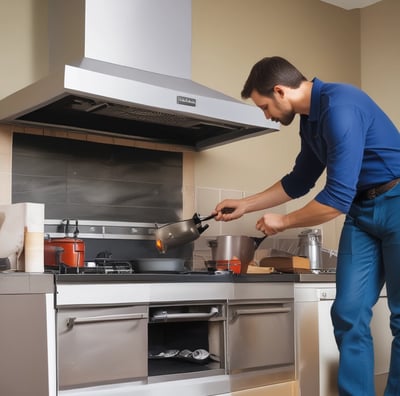 A tidy kitchen corner with a silver refrigerator, white cabinets, and various kitchen appliances on the countertop, including a kettle and a dish rack. There is a blue wall hanging featuring a white bear and stars on one side, and a small festive decoration hanging on the cabinet door.
