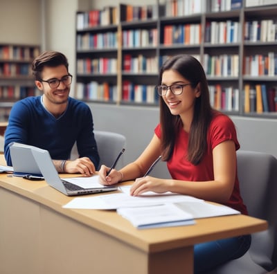 A person is holding a book titled 'College English Creative Communication' in front of their face, while making a peace sign gesture with their hand. The setting appears to be a classroom with wooden desks and several people in the background, slightly blurred.