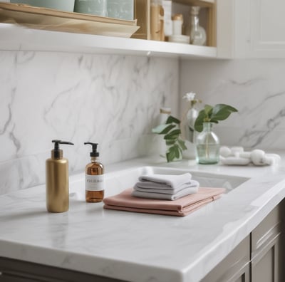 A set of cleaning products is arranged on a light-colored marble surface. The items include two metal spray bottles, a small glass bottle with a liquid, a natural bristle brush, and a cloth with dark stripes. Sunlight filters through leaves, casting dappled shadows on the surface.