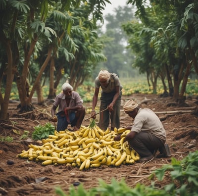 Two people are engaged in processing harvested corn outside a building with a brick wall. One person is wearing a headscarf and checkered clothing, using a tool to shovel corn into a machine. The other person, dressed in a blue jacket, is aiding with the process. Corn cobs and kernels are scattered on the ground.