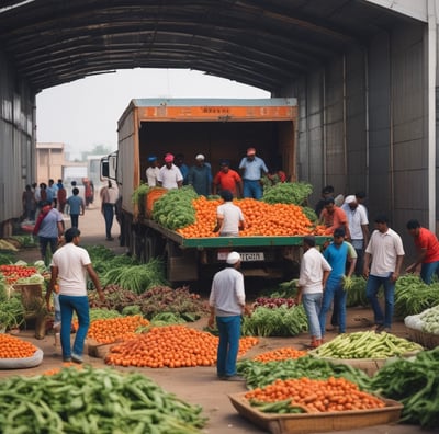 A rural landscape featuring a large agricultural building with four metallic silos. In the foreground, a green tractor is connected to farming equipment, preparing a field. The background includes flat, open land with sparse trees and a clear blue sky.