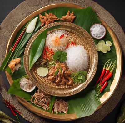 A plate of pad thai garnished with a slice of lime on a leaf, accompanied by chopped green chilies in a small blue bowl. The dish includes noodles, peanuts, and pieces of chicken or tofu, placed on a round woven basket tray.