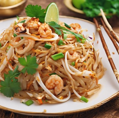 A plate of pad thai garnished with green onion, crushed peanuts, and lime wedges is on a blue plate. It includes rice noodles, pieces of chicken or tofu, and is sprinkled with red chili flakes.