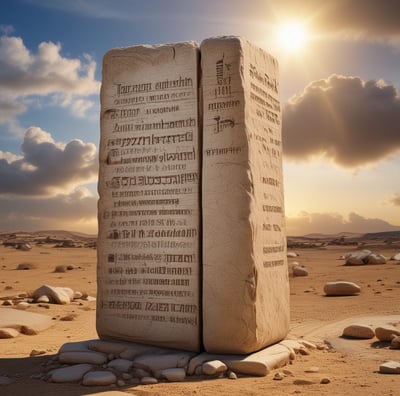 A carved stone plaque features two tablets with Hebrew inscriptions. At the top is a Star of David with the word 'אמת' (truth) inside it. The surrounding design includes floral and ornamental motifs intricately carved into the stone.