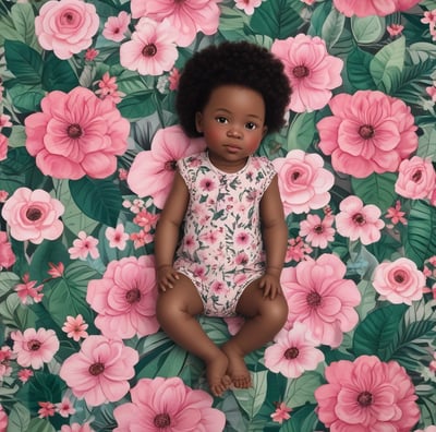 A baby lies on a floral-patterned fabric, wearing patterned shorts. Next to the baby is a doll with a floral dress and striped leggings. The background features pink flowers and large leaves, creating a playful and cozy setting.