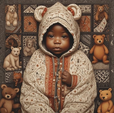 A baby dressed in a cozy outfit with a hood decorated with small animal prints. The baby is looking upwards with wide eyes, sitting on a patterned fabric. The hood features a bear design, and the baby has a small black dot on the forehead. The background includes some soft items, possibly a blanket or pillow.