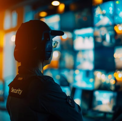 A security professional observing multiple security systems in a dark room with illuminated screens.