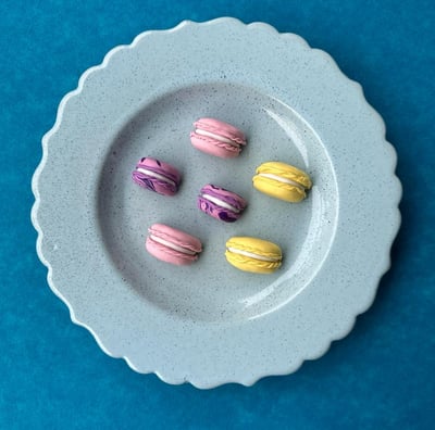 colorful polymer clay half macaron shaped fridge magnets displayed on pastel blue plate 