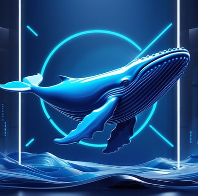 O DeepSeek AI com uma estética azul elegante, incorporando sua assinatura baleia azul como elemento 