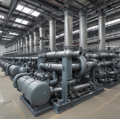 A factory setting with multiple white rectangular machines lined up on a green-tiled floor. Each machine has open compartments with visible wiring and metal components, surrounded by several large tanks and various industrial equipment.