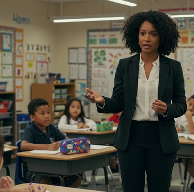 a woman in a suit and tie is standing in front of a classroom
