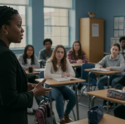 a woman in a black jacket standing in front of a class of students