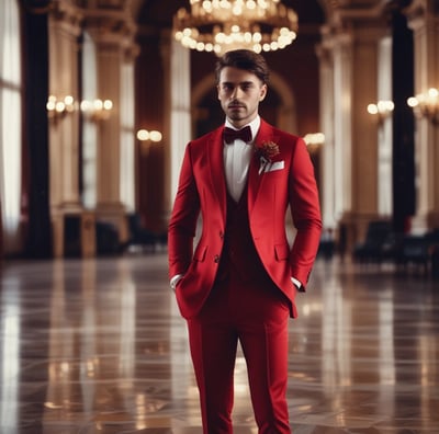 A person wearing an ornate, floral-patterned red jacket is adjusting the pocket square while standing in a clothing store. Various suits hang on racks in the background, creating a sophisticated atmosphere.
