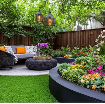 A backyard with a sofa and a risen garden for better appreciation of the color and fragance