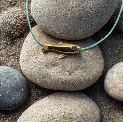 a small goldfish on a rock with a green cord cord cord