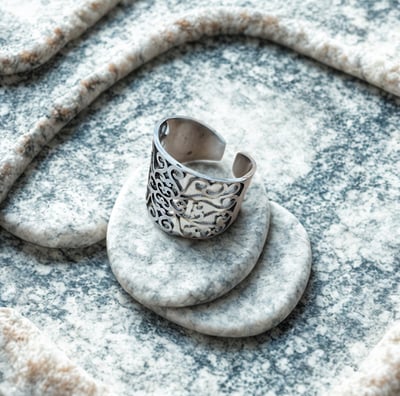 a ring with a silver ring on top of a stone