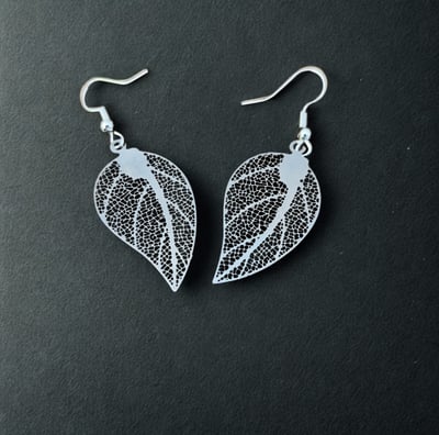 a pair of earrings with a leaf design