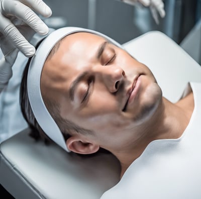 A person lies on a padded table with a gray top, having a beauty or acupuncture treatment. Another person in gloves is delicately performing the treatment, concentrating on the forehead area. The setting is calm, with a textured rug beneath the table and a soft pillow for comfort.