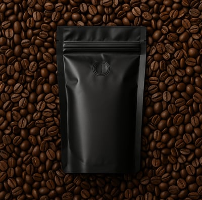 Matte black coffee bag centered on a background of roasted coffee beans in rich brown tones, viewed