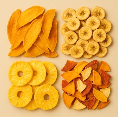 Flat lay of four dried fruit varieties: mango slices, banana chips, pineapple rings, and assorted dr