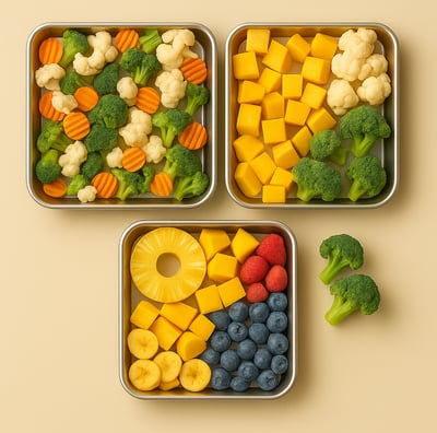 Stainless steel trays with frozen broccoli, cauliflower, carrots, mango cubes, pineapple, banana sli