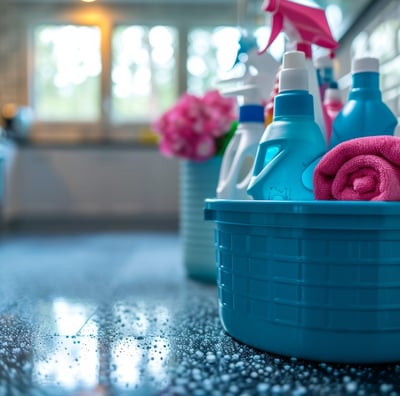 Home cleaning products inside a blue bucket on the floor