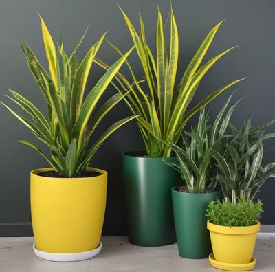 Numerous clay pots filled with lush green seedlings are arranged in neat rows, creating a dense pattern. The pots are placed on a sandy surface, indicating an outdoor garden or nursery setting.