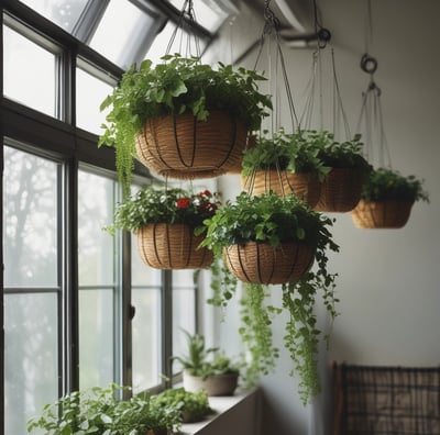 A well-organized indoor garden shop filled with various potted plants and flowers. A large wooden table displays an array of vibrant floral arrangements, ferns, and succulents. There are decorative ceramic pots and vases, a book open to a page on floral design, and a small chalkboard sign with plant information. Wooden shelves and ladders line the walls, holding additional plants and garden ornaments.