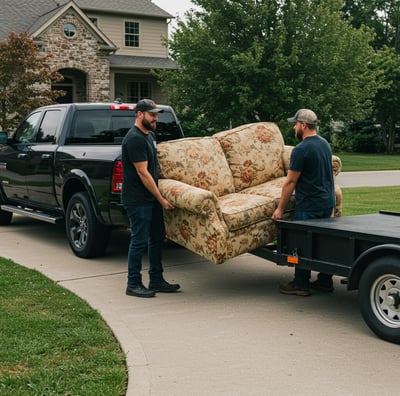 Two men hauling an old couch into the back of a black RAM pickup truck.