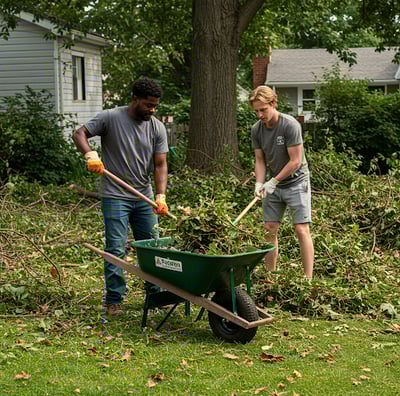 Two men clearing out yard debris from a customer's lawn.