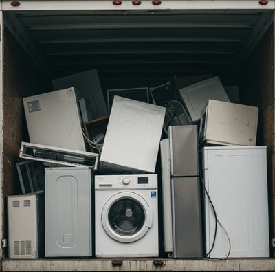 A box truck filled with old appliances to be disposed of.