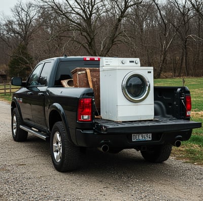 A black pickup truck hauling away an old appliance.