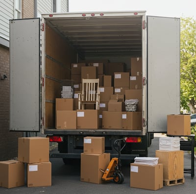 A box truck filled with moving boxes and furniture.