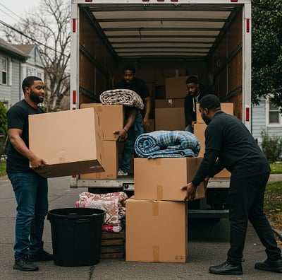 Men moving boxes into a truck.
