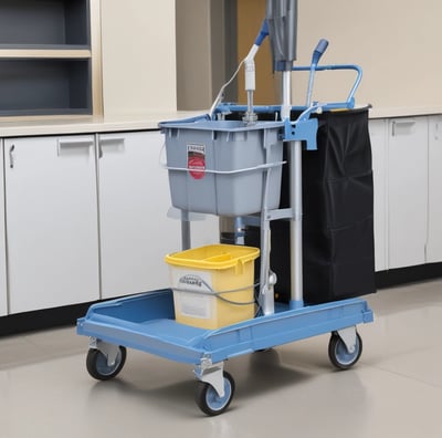 A cleaning cart is positioned in an outdoor area with a concrete building structure in the background. The cart holds a large bucket and cleaning supplies, including a striped cloth and a pink cloth hanging over the handle. A green scrubbing brush is placed on the bottom platform. Surrounding the area are vibrant flower beds with yellow and white flowers, as well as bushes and trees, contributing to a tidy and well-maintained environment.